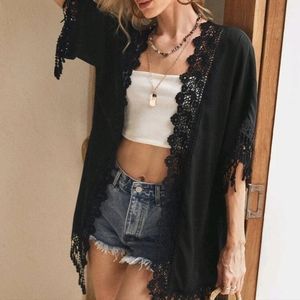 SHEIN Black Lace Trim Kimono Cardigan